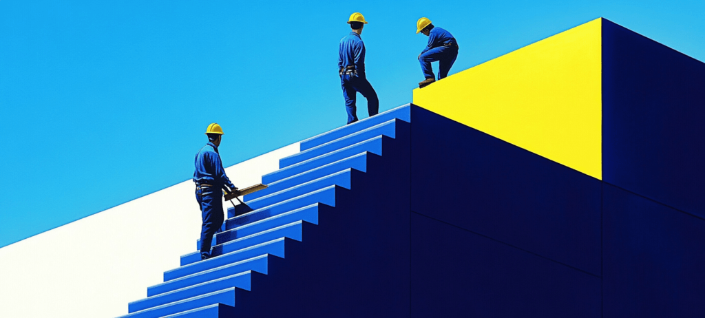 Contractors on steep blue stairs