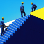Contractors on steep blue stairs
