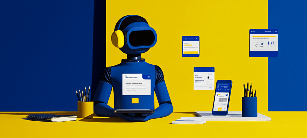 A robot holding a tablet