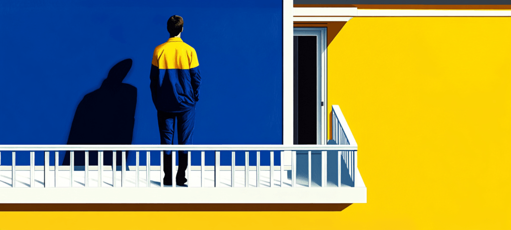 A deck builder standing on a white deck looking at a blue wall