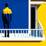 A deck builder standing on a white deck looking at a blue wall