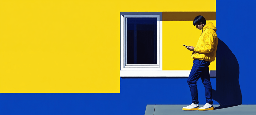 A person standing against a blue wall on their phone