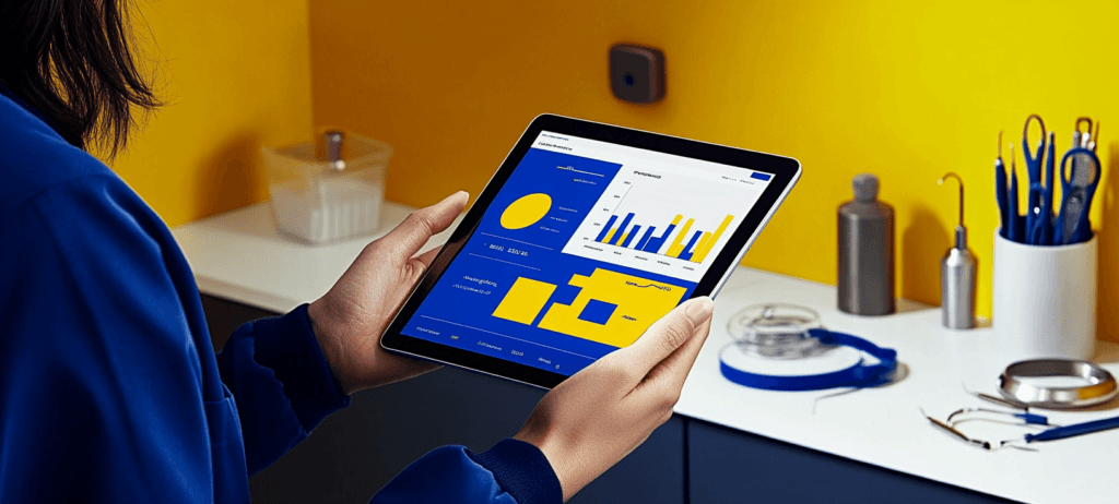 Dentist holding tablet with statistics displayed