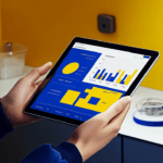 Dentist holding tablet with statistics displayed