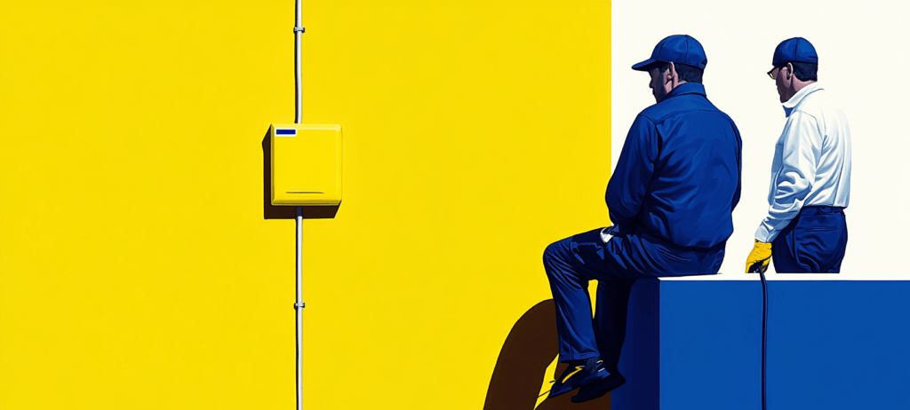 Two electricians looking at yellow wall