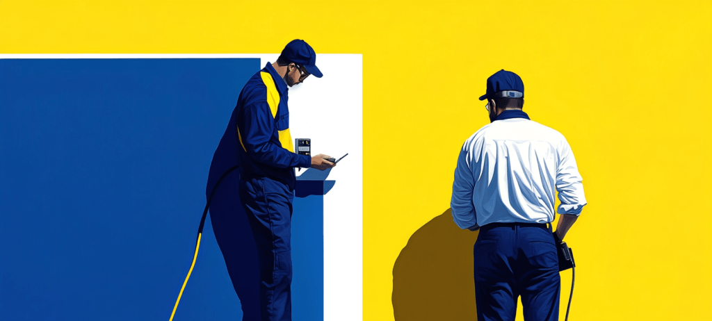 Two electricians looking at yellow wall