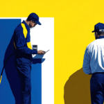 Two electricians looking at yellow wall