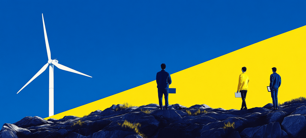 A person and windmill against blue and yellow backdrop