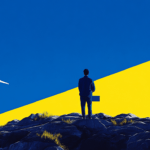 A person and windmill against blue and yellow backdrop