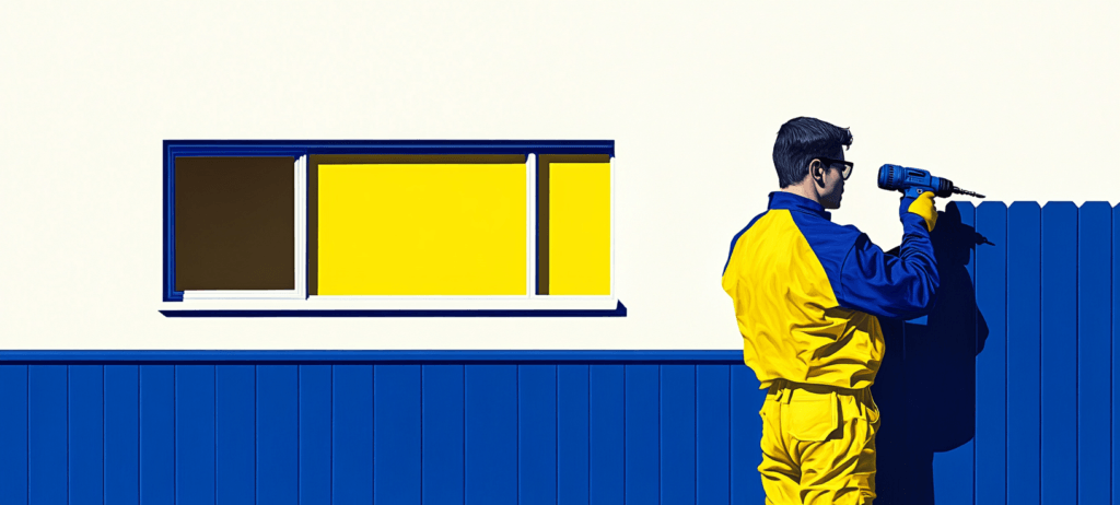 A fencer installing a blue fence