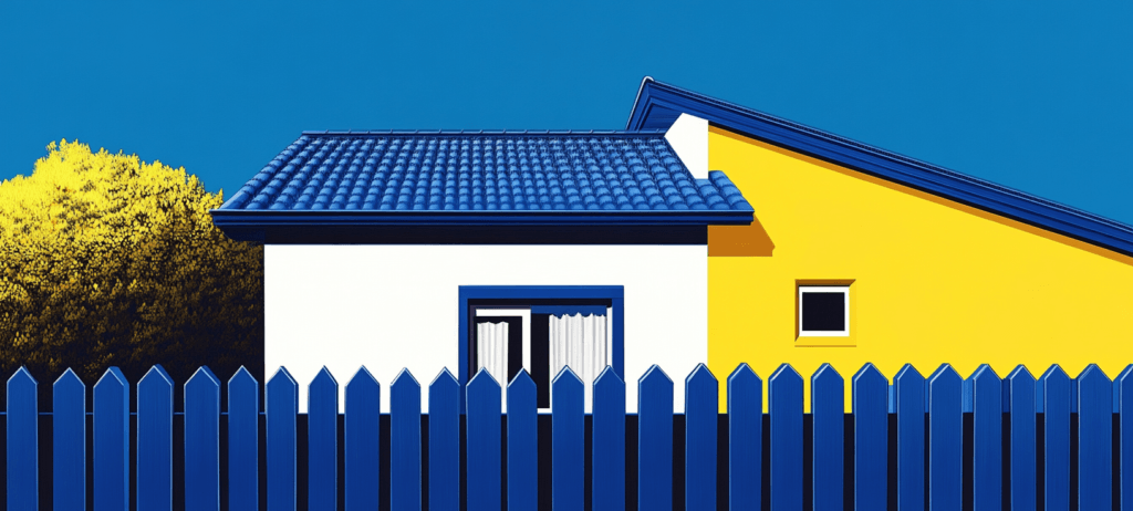 A blue fence in front of a white and yellow house
