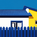 A blue fence in front of a white and yellow house
