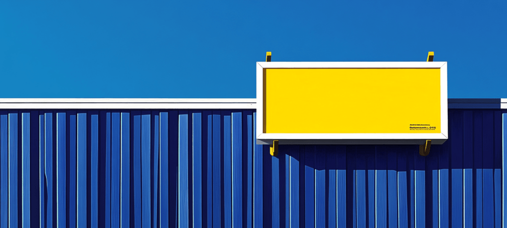 A yellow sign on a blue fence