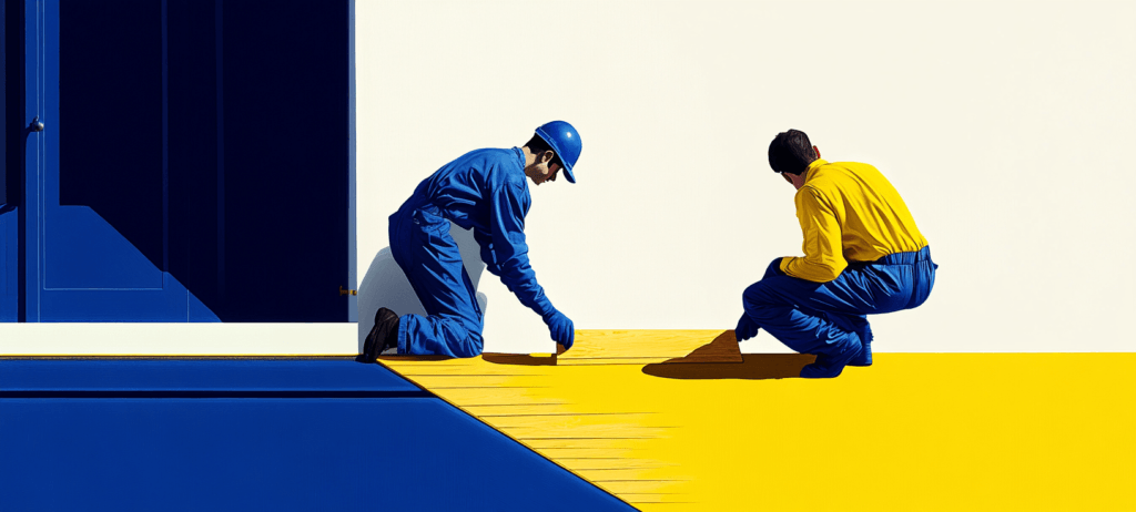 A flooring team working on a yellow floor
