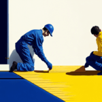 A flooring team working on a yellow floor
