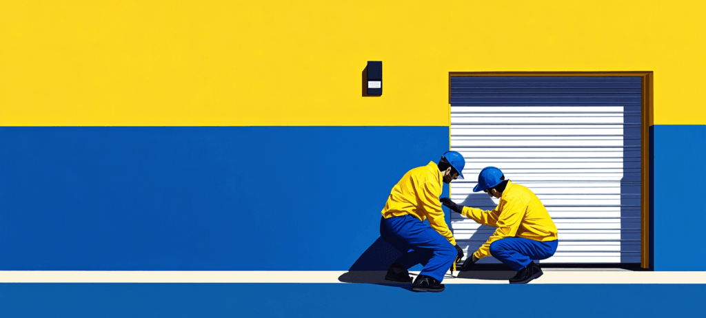 A team repairing a garage door