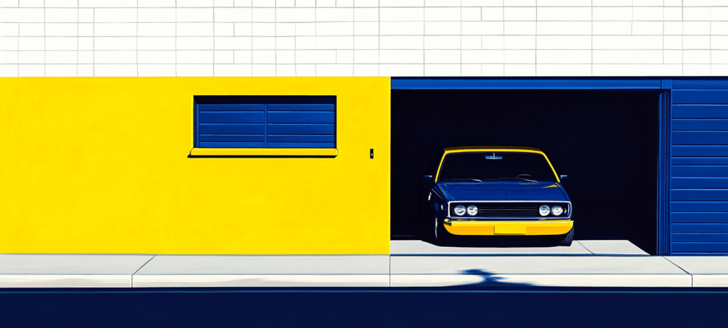 A sports car in a blue garage