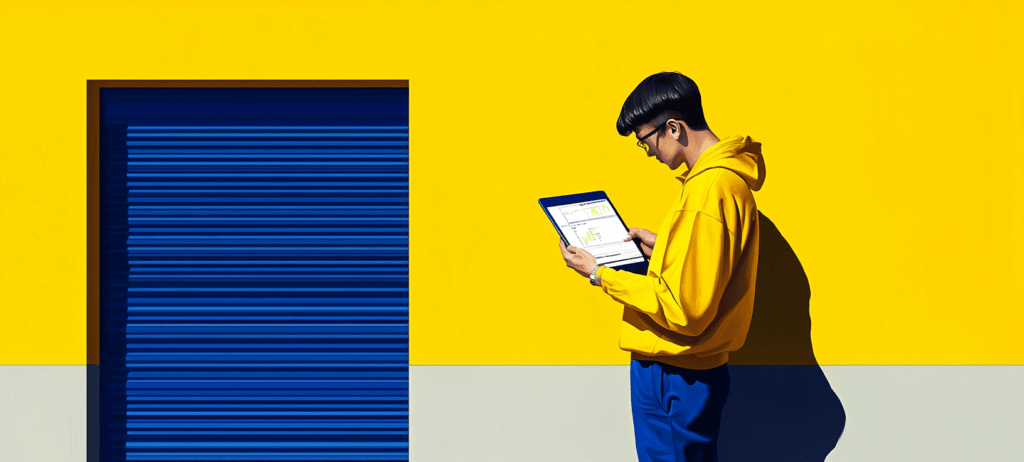 A garage door installer reading a tablet