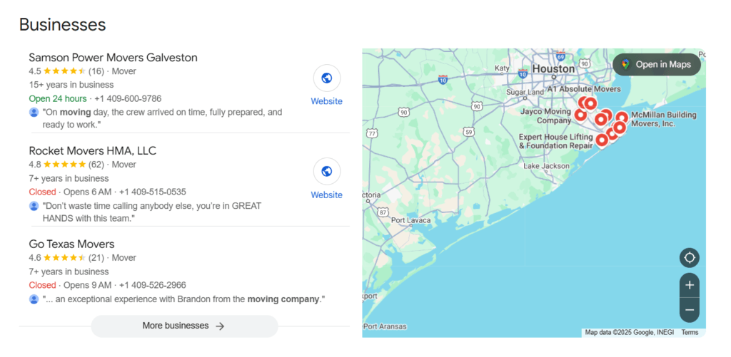 Google Business Profile listings for moving company