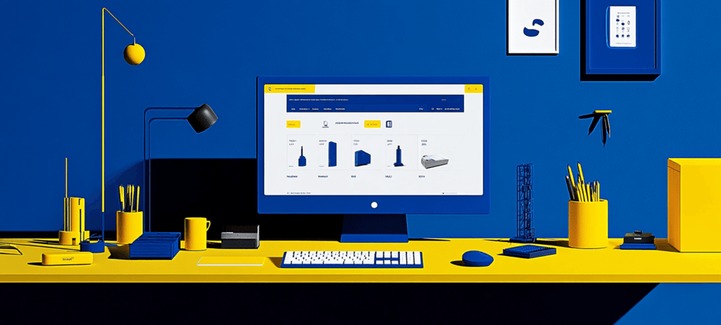 A computer against a blue and yellow backdrop