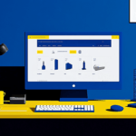 A computer against a blue and yellow backdrop