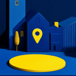 Neighborhood of buildings with a location marker in the middle