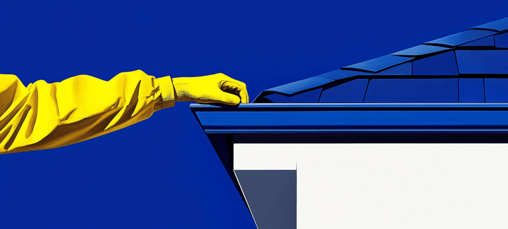 A blue gutter with a gloved hand on it
