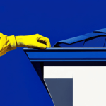 A blue gutter with a gloved hand on it