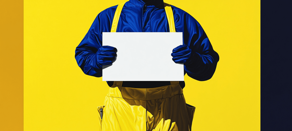 A handyman holding white sign