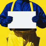 A handyman holding white sign