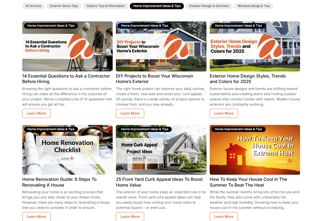 Screenshot of an informative home improvement business blog