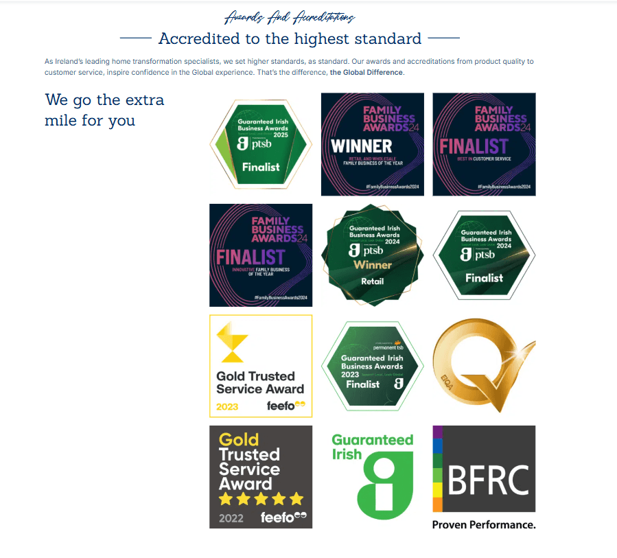 Screenshot of well organized home improvement company awards and accreditions