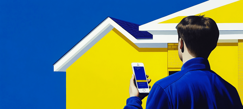 A person with a cell phone in front of a home