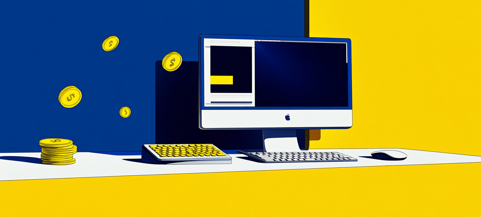 A laptop with gold coins flying by