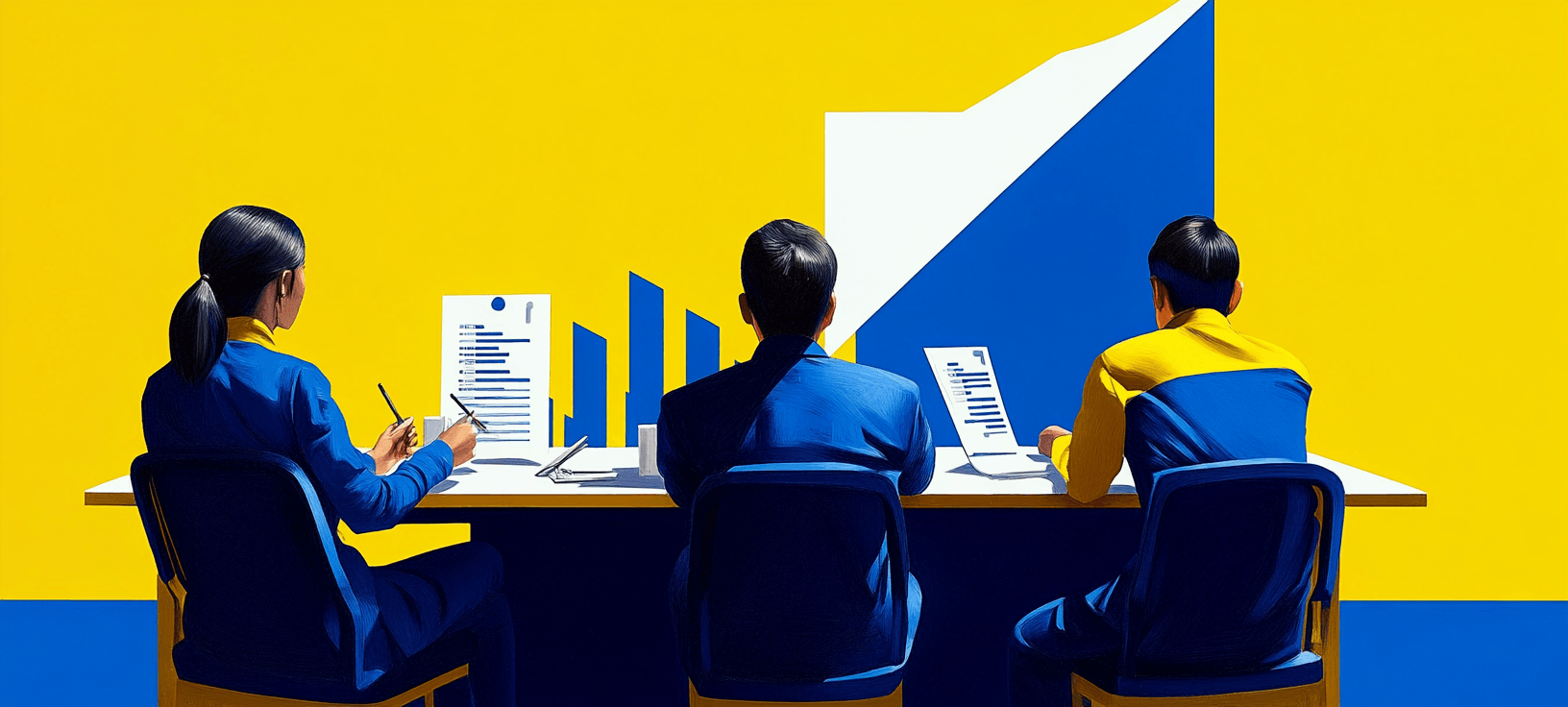 A home services team at a table with charts