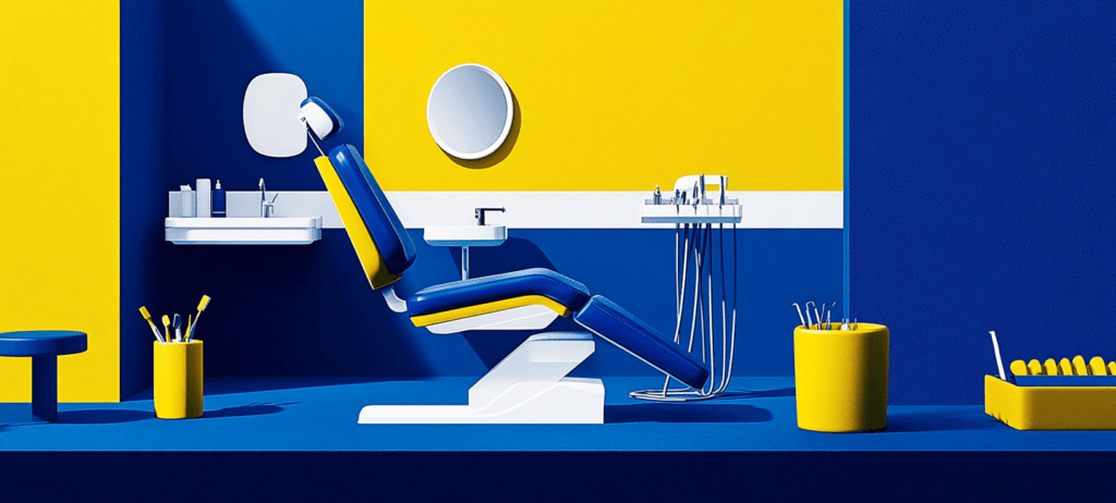 Blue dentist chair against blue and yellow background