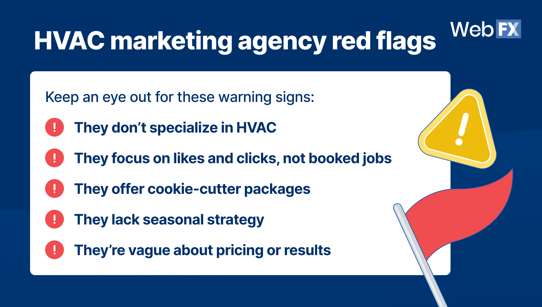 An infographic highlighting HVAC marketing agency red flags to keep an eye out for.
