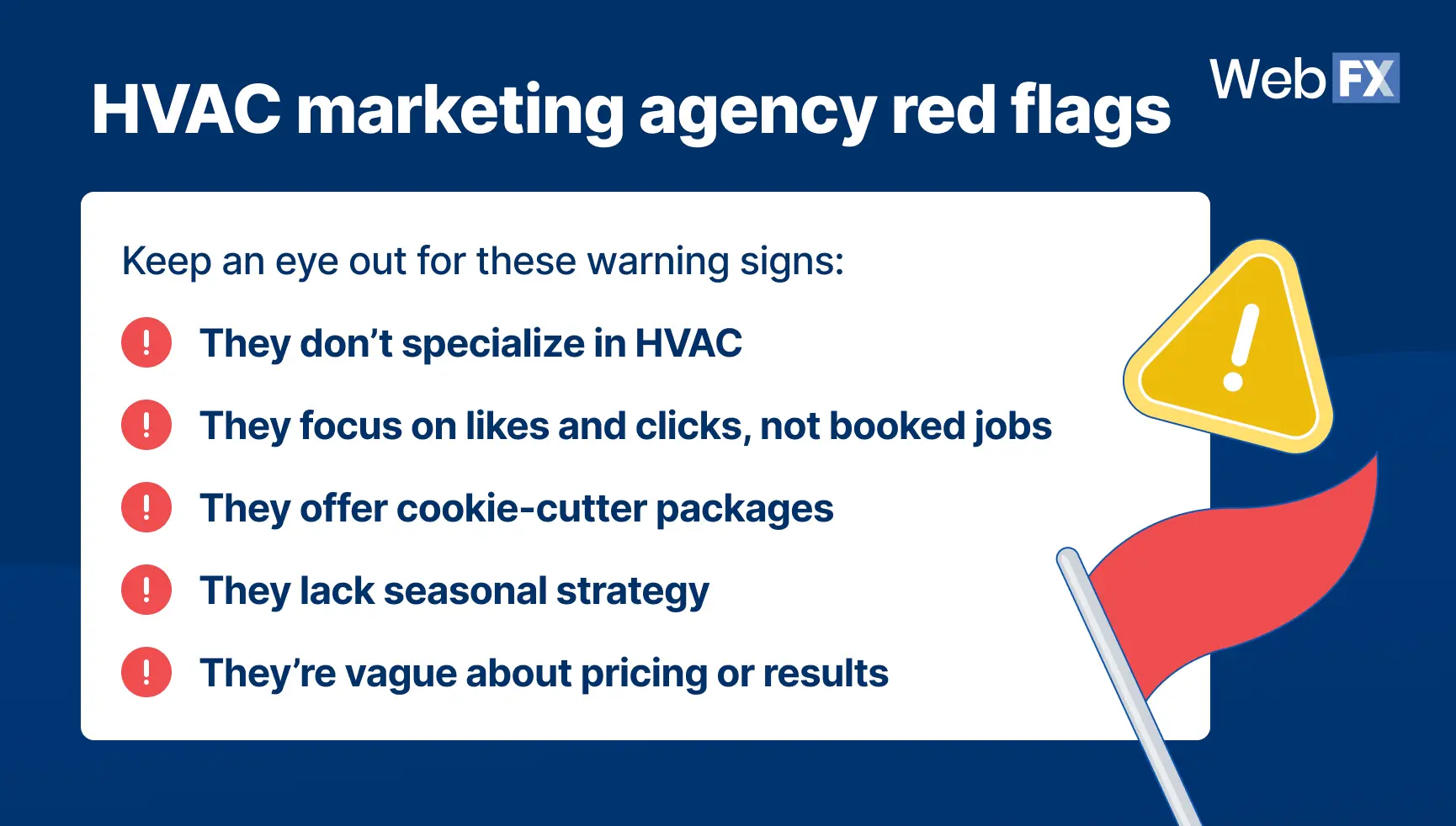An infographic showing common HVAC marketing agency red flags to be wary of when choosing a partner.