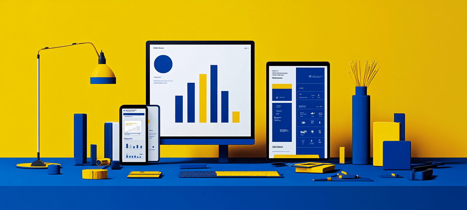 A desktop with graphs and technology
