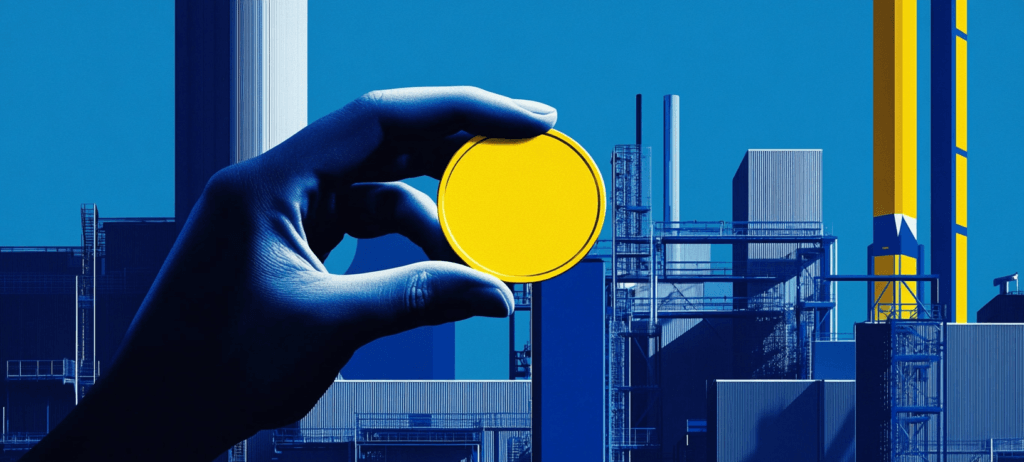 A hand holding a coin with industrial plants in the background