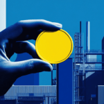 A hand holding a coin with industrial plants in the background
