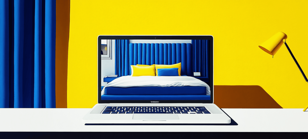 A bed with pillows displaying on a laptop