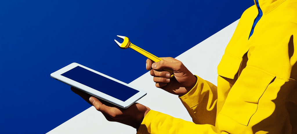 A person holding a wrench to a tablet