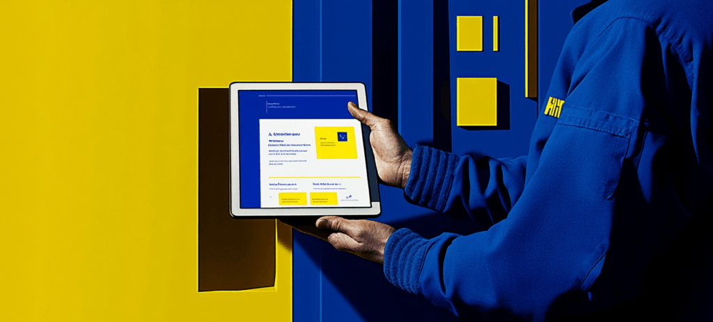 Person in blue uniform holding a tablet with a blue and yellow screen.