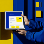 Person in blue uniform holding a tablet with a blue and yellow screen.
