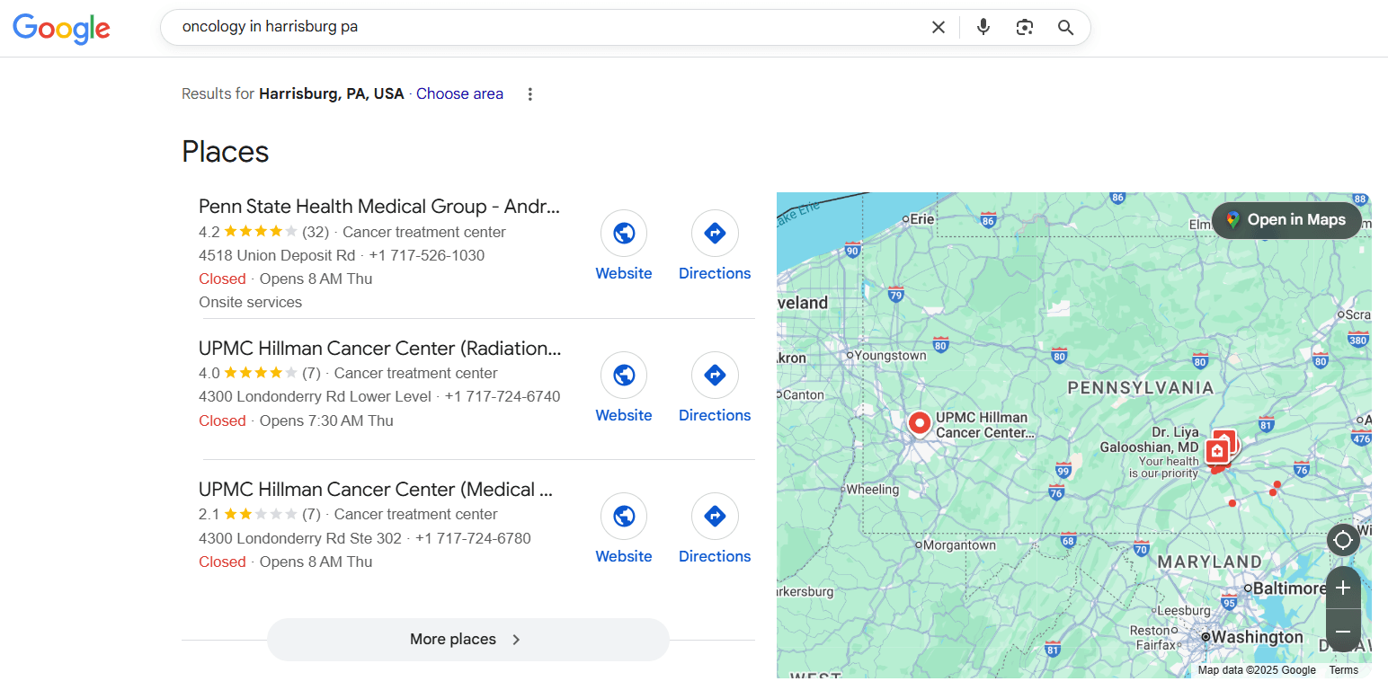 An example of a local search for a healthcare practice