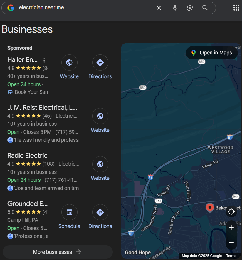 Google Map results for electricians