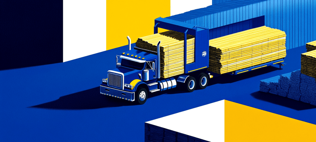 A blue truck hauling lumber