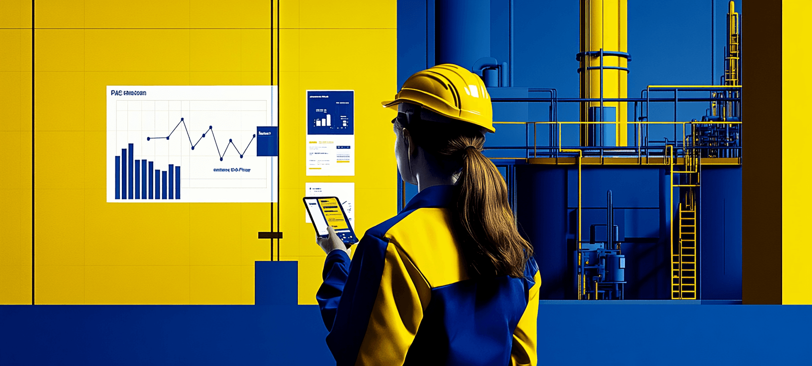 Factory worker in yellow safety gear reviewing digital tablet against blue and yellow industrial background