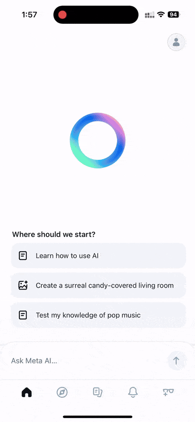 A mobile screen recording showing the look and feel of the Meta AI app, its features, and how it works.